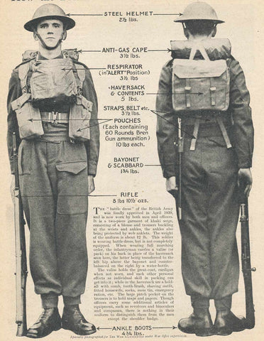 لباس نظامی یک سرباز بریتانیایی در جنگ جهانی دوم با نسخه‌ی اولیه‌ی شلوارهای کارگو