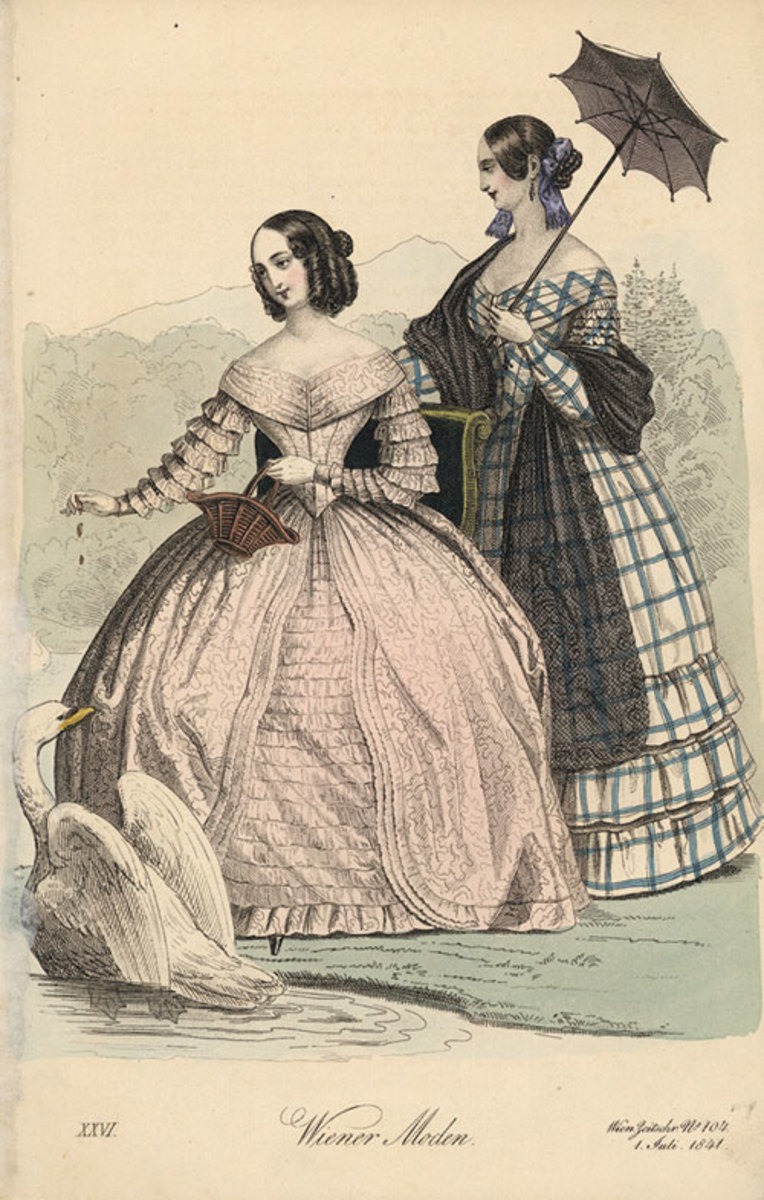 تصویری از زنان در دهه 1800 با لباس یقه قایقی